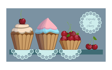 Cupcakes, cherries, pattern napkins on shelf, blue grey background. Vector illustration.