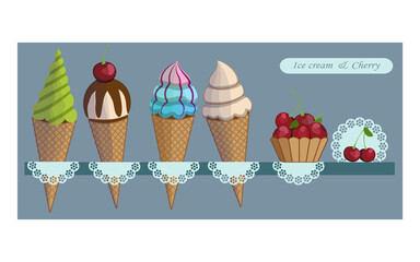 Ice cream cones, cherries, pattern napkins on shelf, blue grey background. Vector illustration.
