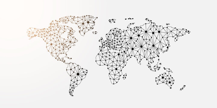 World Map 3d low poly symbol with connected dots. Geography, travel, cartography design vector illustration. Earth planet polygonal wireframe