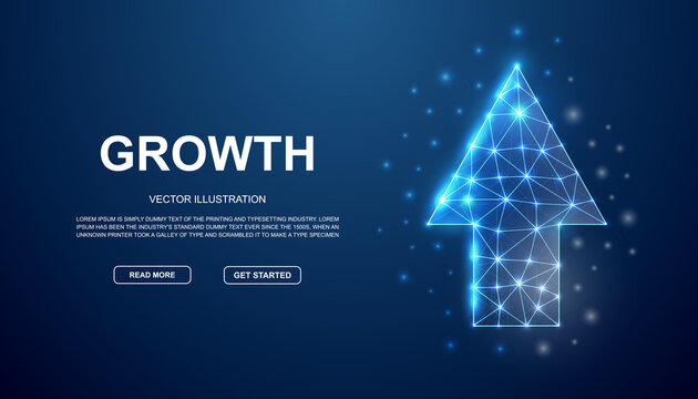 Up arrow 3d low poly symbol with connected dots for blue landing page. Growth design illustration concept. Polygonal Business goal illustration