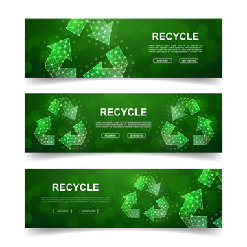 Set of three Recycle horizontal banners. Horizontal illustration for homepage design. Waste recycling low poly symbols with connected dots