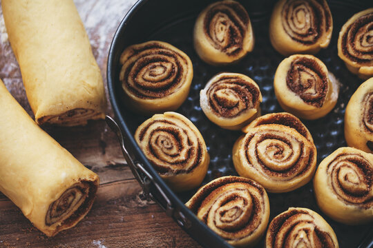 Cinnamon rolls in a heart-shaped baking pan