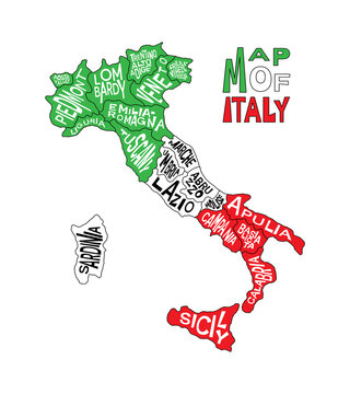 Italian map with administrative province names - Abruzzo, Aosta Valley, Apulia, Basilicata, Calabria and more. Map of Italy with region infographic