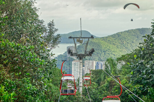 Sao Vicente cable car in Santos, Brazil. high angle 