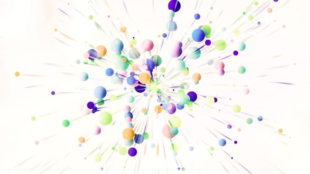 Animation of colorful circles, bubbles on a white background. Motion. Abstract bright particles moving like celebration fireworks.