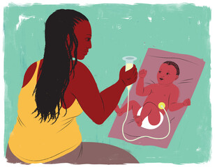 Mother feeding her baby breast milk with a g-tube