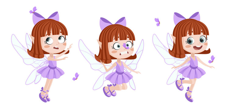 Vector illustration of cute and beautiful fairies on white background. Charming character in different poses fly, scared of butterflies, and play in cartoon style.