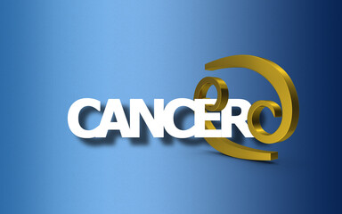 Cancer 3D Astrology Sign is Attached to Text Of Itself Against Blue