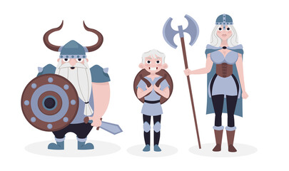 Obraz na płótnie Canvas Vector illustration of cute and beautiful vikings on white background. Charming characters in a man with a sword and a shield, a boy stand with a shield on his shoulders, a woman in cartoon style.