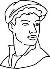 Handsome man wear stylish cap. Friendly face portrait. Street urban fashion for hipster, model, student, young, adult. Hand drawn retro vintage vector illustration. Old style comic cartoon drawing.