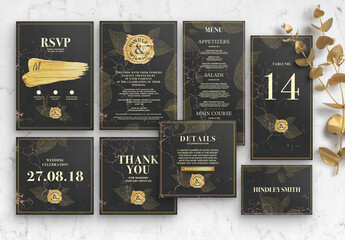 Fototapeta Rustic Black Gold Wedding Stationery Invitation Layouts obraz
