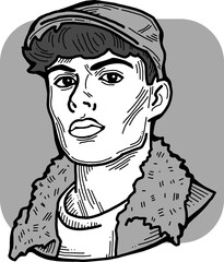 Handsome man wear stylish cap. Friendly face portrait. Street urban fashion for hipster, model, student, young, adult. Hand drawn retro vintage vector illustration. Old style comic cartoon drawing.