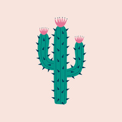 Fototapeta na wymiar Green Mexican cactus with pink flowers hand drawn vector illustration. Isolated peyote in flat style for logo or icon.