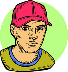 Handsome man wear stylish cap. Friendly face portrait. Street urban fashion for hipster, model, student, young, adult. Hand drawn retro vintage vector illustration. Old style comic cartoon drawing.