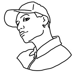 Handsome man wear stylish cap. Friendly face portrait. Street urban fashion for hipster, model, student, young, adult. Hand drawn retro vintage illustration. Old style comic cartoon drawing.