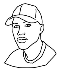 Handsome man wear stylish cap. Friendly face portrait. Street urban fashion for hipster, model, student, young, adult. Hand drawn retro vintage illustration. Old style comic cartoon drawing.