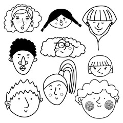 Collection of cute and diverse hand drawn faces in black and white. Doodle-style people icons for design, stickers, prints