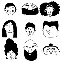 Collection of cute and diverse hand drawn faces in black and white. Doodle-style people icons for design, stickers, prints