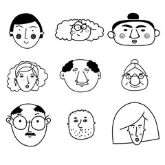 Collection of cute and diverse hand drawn faces in black and white. Doodle-style people icons for design, stickers, prints
