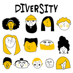 Collection of cute and diverse hand drawn faces in black, yellow and white. Doodle-style people icons for design, stickers, prints