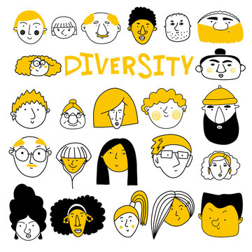 Collection of cute and diverse hand drawn faces in black, yellow and white. Doodle-style people icons for design, stickers, prints