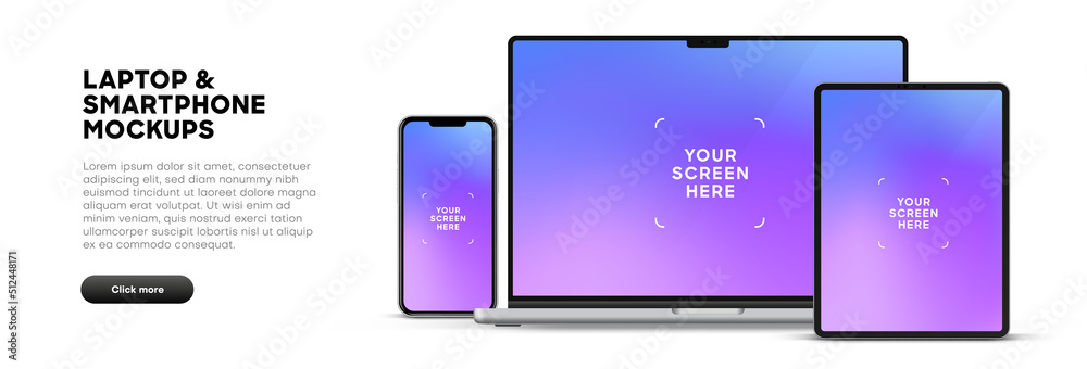 Aufkleber Modern laptop mockup front view and high quality smartphone and tablet mockup isolated on white background. Notebook mockup and phone device mockup for ui ux app and website presentation.Stock Vector.