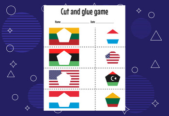 Cut and glue game for kids with country flag. Cutting practice for preschoolers. Education paper game for children