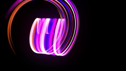 Motion graphics, sci-fi bg. Stream of multicolor neon lines form spiral shape, curls and pattern. Abstract background with light trails, Modern trendy motion design bg. Light flow bg. 3d render