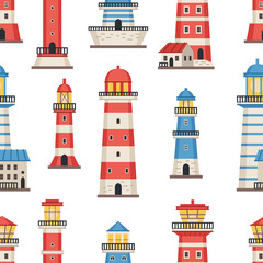 Vector flat style lighthouses with searchlight, marine navigation seamless pattern. Nautical elements theme. Sea wallpaper. For children designs, textiles, packaging. Vector illustration