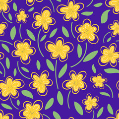 Fototapeta na wymiar Yellow flowers on purple background seamless pattern.