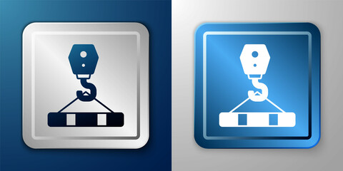 White Crane hook icon isolated on blue and grey background. Industrial hook icon. Silver and blue square button. Vector