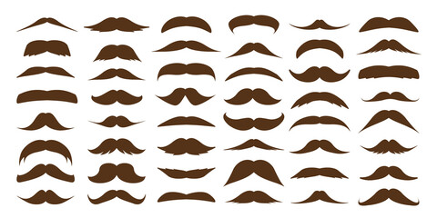 Various brown mustache collection. Vintage, retro mustaches. Facial hair, hipster beard. Vector illustration