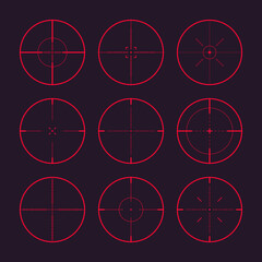 Various sniper rifle night sights, weapon optical scope crosshair. Hunting gun red viewfinder. Shooting mark symbol, aim. Military target sign. Game interface UI element. Vector illustration