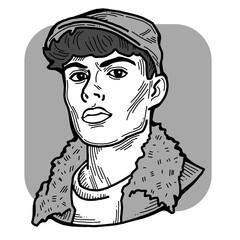 Handsome man wear stylish cap. Friendly face portrait. Street urban fashion for hipster, model, student, young, adult. Hand drawn retro vintage illustration. Old style comic cartoon drawing.