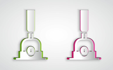 Paper cut Arrow for switching the railway icon isolated on grey background. Old railway tracks. Paper art style. Vector