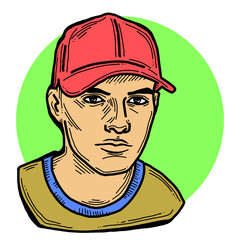 Handsome man wear stylish cap. Friendly face portrait. Street urban fashion for hipster, model, student, young, adult. Hand drawn retro vintage illustration. Old style comic cartoon drawing.