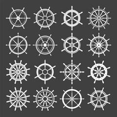 Collection of white vintage steering wheels. Ship, yacht retro wheel symbol. Nautical rudder icon. Marine design element. Vector illustration