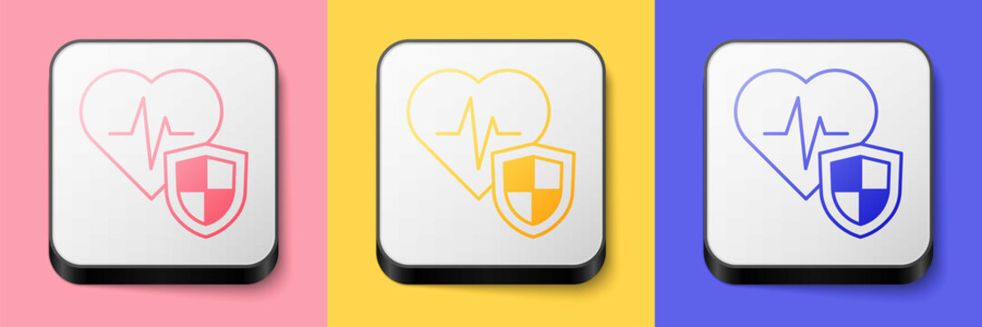 Isometric Life insurance with shield icon isolated on pink, yellow and blue background. Security, safety, protection, protect concept. Square button. Vector