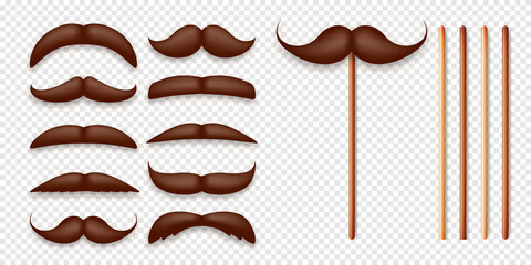 Realistic fake mustache on a wooden stick. Vintage paper mustache for carnival or holiday. Various brown facial hair, fashionable hipster beard. Vector illustration - obrazy, fototapety, plakaty