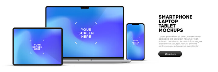 Modern laptop mockup front view and high quality smartphone and tablet mockup isolated on white background. Notebook mockup and phone device mockup for ui ux app and website presentation.Stock Vector. - obrazy, fototapety, plakaty