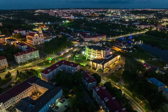 aerial night panorama overlooking old town, urban development, historic buildings, crossroads © hiv360