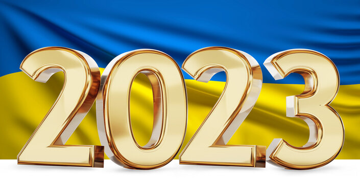 flag of Ukraine and 2023 golden symbol bold letters 3d-illustration