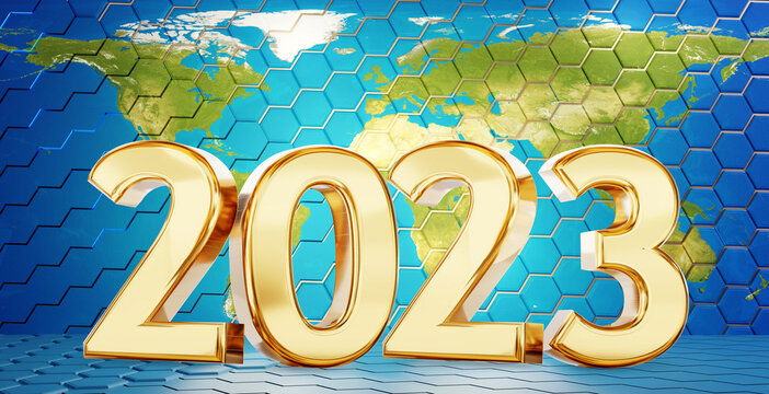 2023 golden symbol bold letters 3d-illustration. elements of this image furnished by NASA