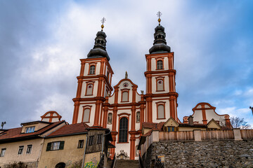 Fototapeta premium Front view of Mariatrost Basilica church on top of Purberg hill on a winter day, pilgrimage church with Baroque style, in Graz, Styria, Austria