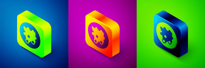 Isometric Rice in a bowl icon isolated on blue, purple and green background. Traditional Asian food. Square button. Vector