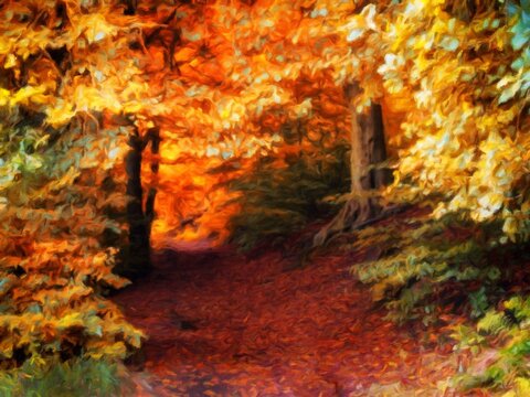 Digital painting style illustration of an autumn forest pathway with golden beech trees and leaves strewn on the ground with glowing sunlight