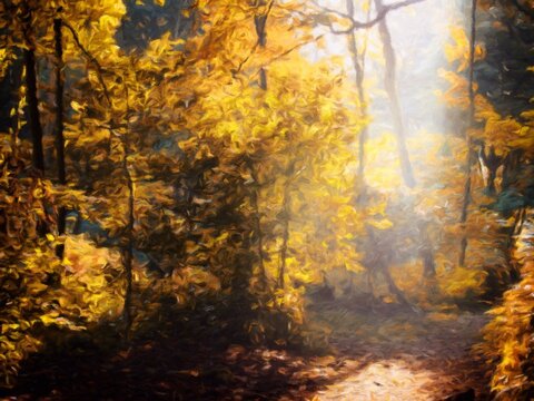 Digital painting style illustration of misty morning sunlight shining though a clearing in autumn forest with illuminated bright woodland trees