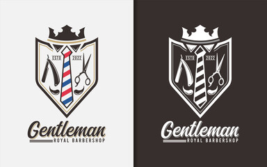 Gentleman Royal Barbershop Logo Design with Tie, Crown Emblem and Barbers Tools Combination Concept.