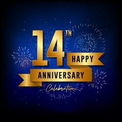 14th anniversary logo with golden ribbon for booklets, leaflets, magazines, brochure posters, banners, web, invitations or greeting cards. Vector illustrations.