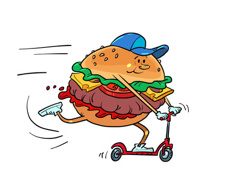 Sports burger character rides a scooter. Active lifestyle comic cartoon